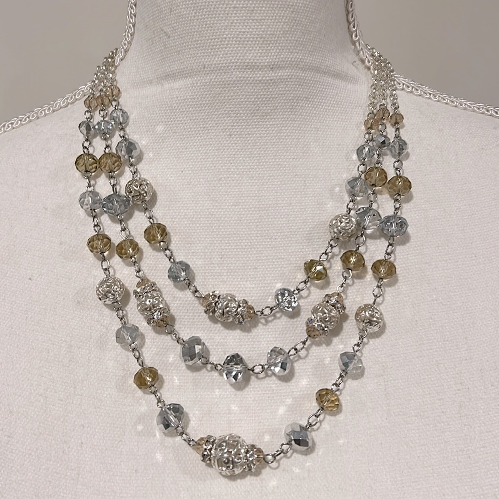 White House Black Market 3-strand Silver Tone and Faux Crystal Beads Necklace
